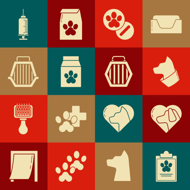 의료 임상 기록 애완 동물, 심장 개, 고양이, 개와 알약, 음식 가방, 애완 동물 캐리 케이스, 주사기 백신 및 아이콘과 클립 보드를 설정합니다. 벡터 - pill pop art capsule medicine stock illustrations