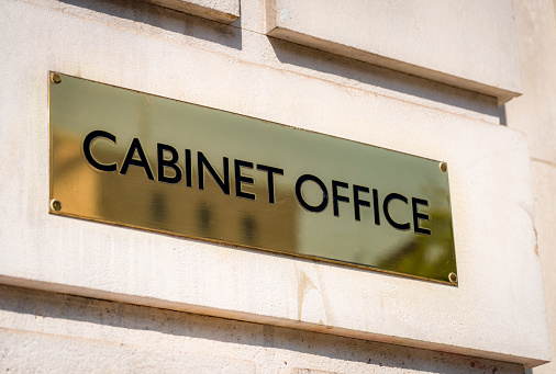 A sign for the Cabinet Office, located in Whitehall, central London.