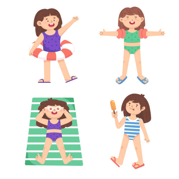 ilustrações de stock, clip art, desenhos animados e ícones de little girls play on the beach, have sunbathing, eats ice cream. activity at sea - swimwear child inner tube little girls