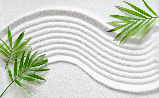Zen pattern in white sand with palm leaves