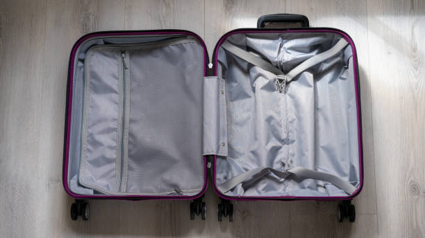 Large open fashionable suitcase. Empty luggage ready for journey. Holiday preparation concept.