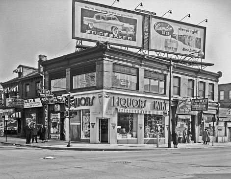 Camden, New Jersey, USA - March 15, 1956: A historical photo of stores at Broadway & Kaign Ave I made 55 years ago. Before malls,  the stores from here along Broadway to Market street was the main place where people shopped.