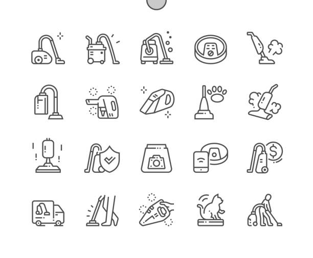 Vacuum cleaner. Cleaning service. Man vacuuming. House cleaner. Robotic vacuum. Pixel Perfect Vector Thin Line Icons. Simple Minimal Pictogram