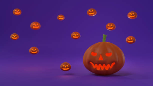 istock Halloween pumpkin with light illuminated or jack o lantern on purple background with floating cute pumpkins 1335938612