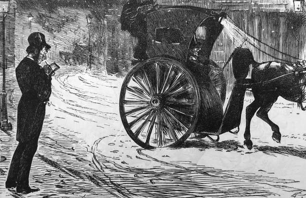 British satire comic cartoon caricatures illustrations - small horse carriage on the street in snow at night with man standing on sidewalk From Punch's Almanack 1869. winter wonderland london stock illustrations