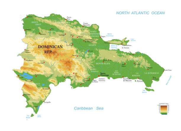 Dominican Republic-highly detailed physical map Highly detailed physical map of Dominican Republic, in vector format,with all the relief forms,regions and big cities. dominican republic map stock illustrations