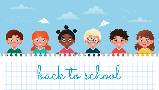 Group of children holding white blank. Back to school banner. Excited happy pupils, children having fun, childhood, friendship concepts. Vector illustration in cartoon 3d style