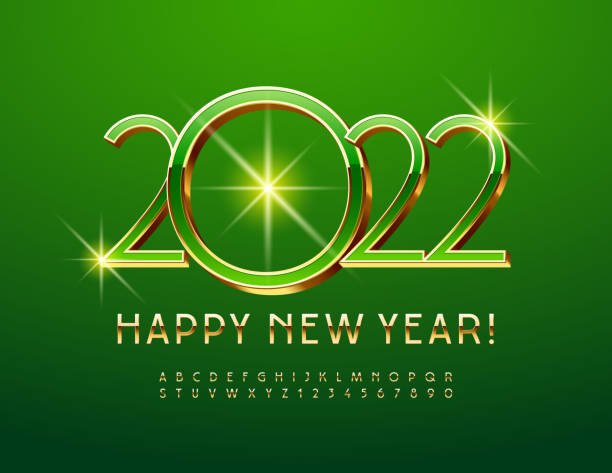 istock Vector green greeting card Happy New Year 2022! Golden Alphabet Letters and Numbers set 1335952918