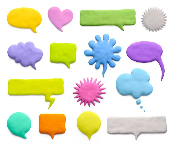 Сollection of plasticine word bubbles, dialogue ballons, and thought bubbles. 