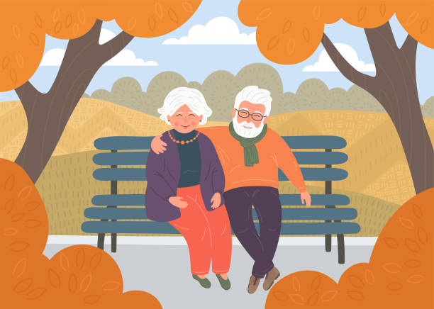 herbst. senioren sitzen im park - senior adult women park bench 70s stock-grafiken, -clipart, -cartoons und -symbole