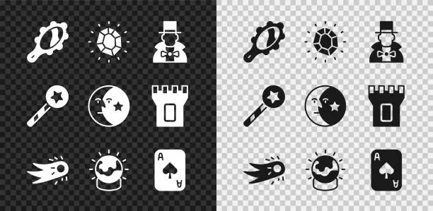 Vector illustration of Set Magic hand mirror, stone, Magician, Fireball, Playing cards, wand and Moon stars icon. Vector