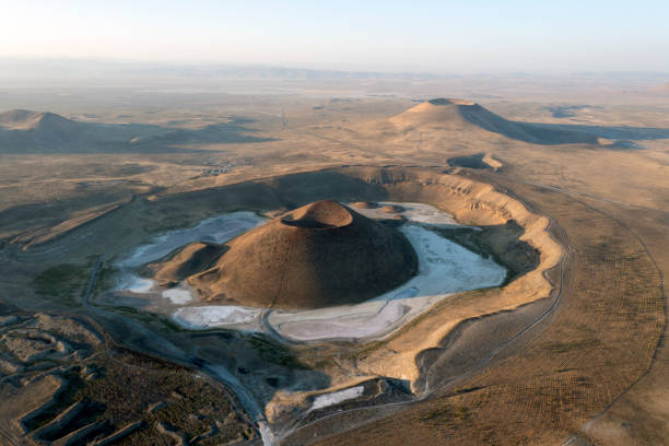 Meke Crater Lake Aerial View of Meke Crater Lake in Konya, Turkey.  Taken via drone. extinct volcano stock pictures, royalty-free photos & images