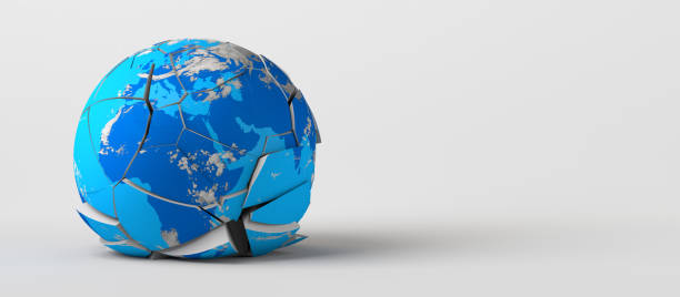 istock Planet earth crashed to the ground, broken and cracked. Planet in danger and fragile. 3D illustration. Copy space. 1335962095
