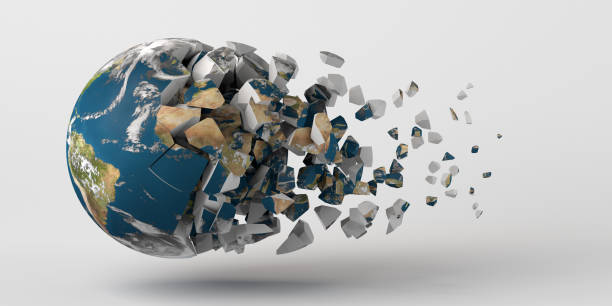 istock Planet Earth is destroying and cracking. Planet in danger and fragile. 3D illustration. Copy space. Planet earth broken into a thousand pieces. 1335962479