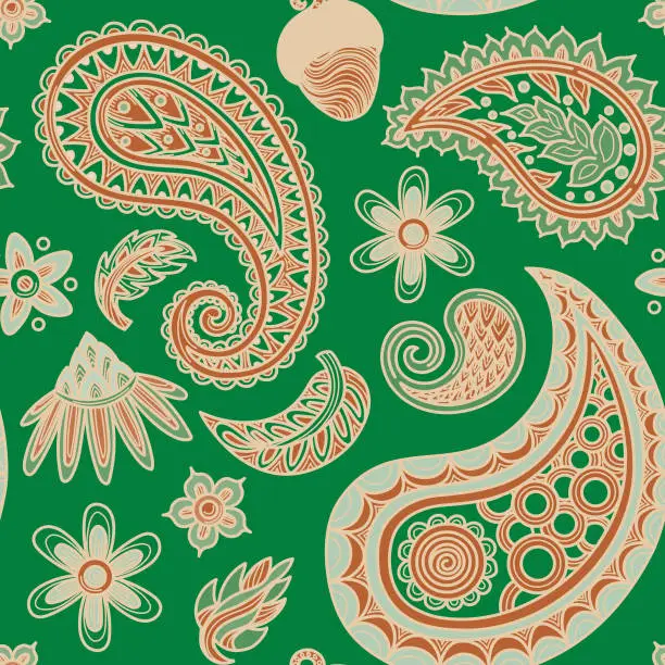 Vector illustration of 1960s Inspired Autumn Hippie Paisley Seamless Pattern