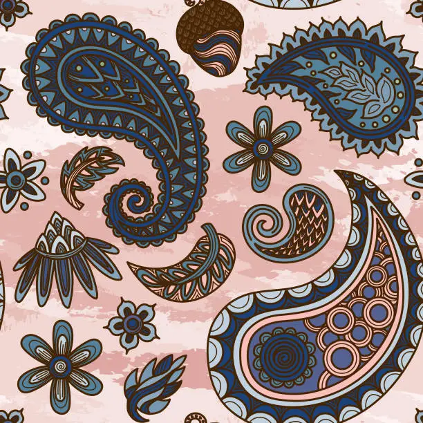 Vector illustration of 1960s Inspired Autumn Hippie Paisley Seamless Pattern