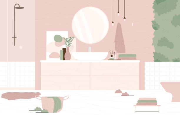 bildbanksillustrationer, clip art samt tecknat material och ikoner med modern light pink bathroom interior design with furniture and hygiene accessories. - badrum