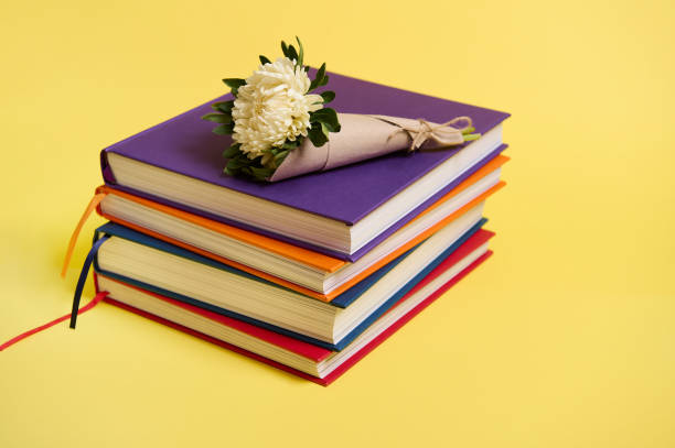 Beautiful bouquet of autumn asters flowers in craft wrapping paper tied in rope lying on stacked multicolored books. Teacher's Day concept, literary, knowledge, education. Yellow background copy space stock photo
