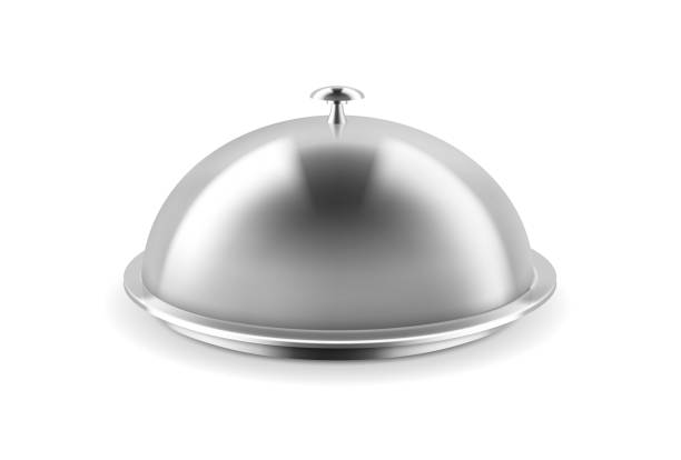 istock Silver cloche. Realistic metal dish with convex lid. Restaurant serving plate. Utensil template. Exquisite presentation of gourmet meal. Isolated metallic tray with dome. Vector concept 1335969904