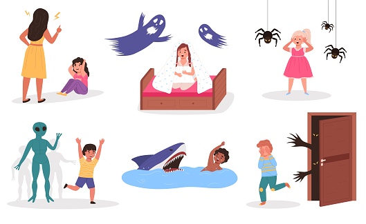 Kids fears. Different children phobias. Cartoon scared boys and girls. Babies afraid of terrible dreaming and stressful vivid imagination, ghosts or monsters. Vector isolated fearful little people set