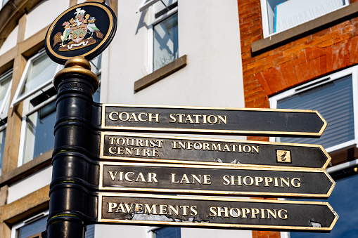 Chesterfield Information Sign in Derbyshire, England, including directions to the coach station, tourist information sign, Vicar Lane shopping and Pavements shopping.