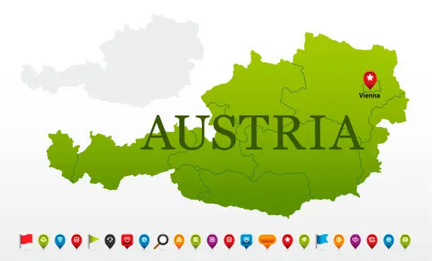 Vector illustration of Austria Green Map with Regions and Navigation Icons