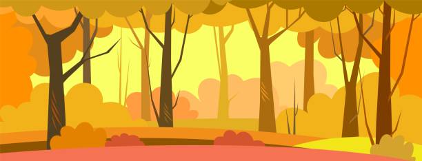 illustrazioni stock, clip art, cartoni animati e icone di tendenza di vettore di sfondo dell'albero. fitte piante selvatiche con tronchi alti e ramificati. paesaggio autunnale. design piatto. stile cartone animato. - glade branch vector landscape