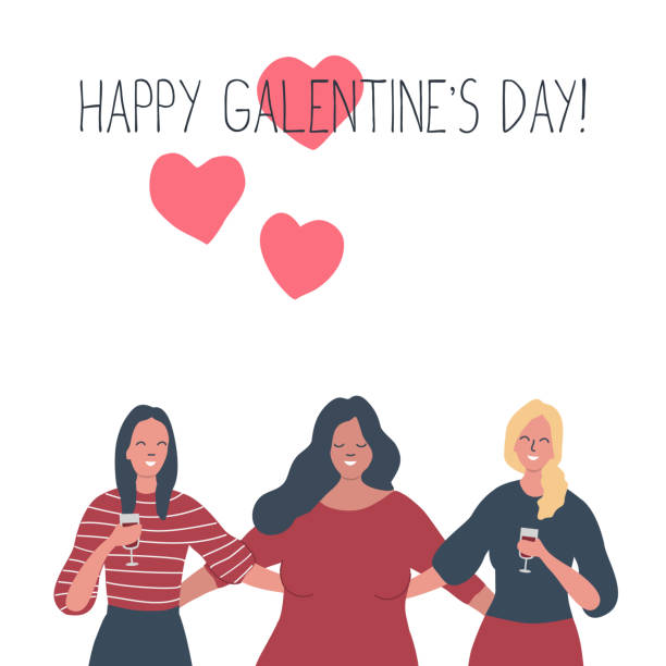 Galentines day. Three girls hug and drink wine Galentines day. Three girls hug and drink wine. There is a text Happy Galentine's day. Greeting card. Vector illustration day drinking stock illustrations