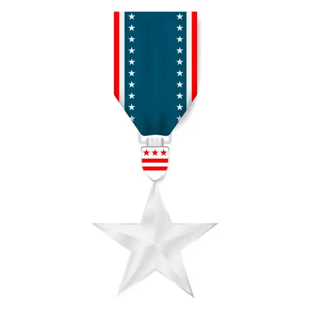 Vector illustration of Military silver star medal with USA flag ribbon isolated on white background. Military soldier awards badge, icon, sign. Vector illustration