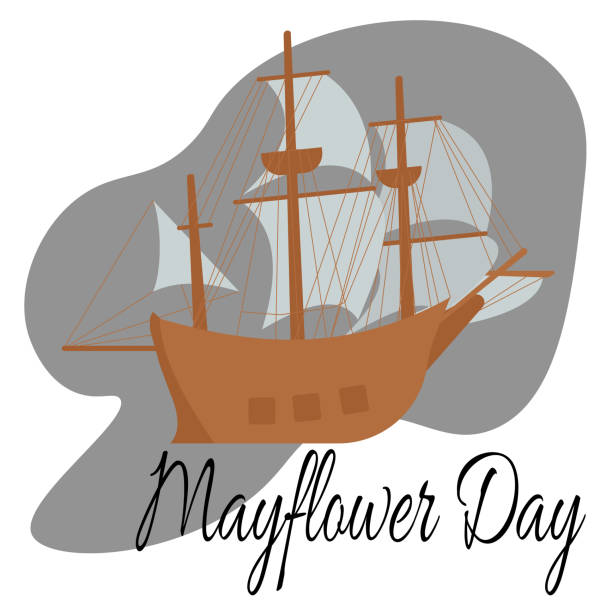 Mayflower Day, large caravel for sea travel, historic ship for postcards Mayflower Day, large caravel for sea travel, historic ship for postcards vector illustration compact mirror stock illustrations