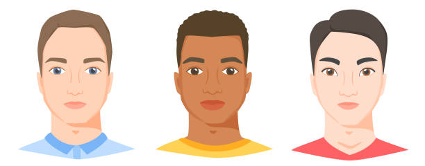 Men with different ethnicity, race and appearance. White, black and asian male faces in flat style. Vector Men with different ethnicity, race and appearance. White, black and asian male faces in flat style. Vector illustration. asian eyebrows stock illustrations