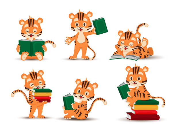ein kleines tigerjunges liest ein buch. satz isolierter figuren eines tigerjungen. vektor, illustration, cartoon, flach - babytiger stock-grafiken, -clipart, -cartoons und -symbole