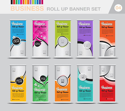 Business Roll up banner template set, Modern Exhibition Advertising, Web banner design, roll up banner creative design, Stand, Poster, brochure flat design template, flyer, presentation, advertisement, j-flag, x-stand, x-banner, stock vector. eps 10