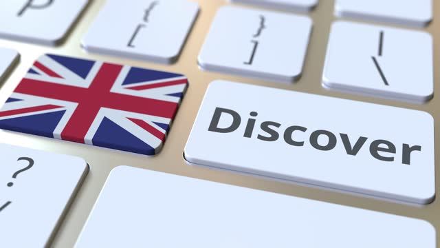 DISCOVER text and flag of Great Britain on keyboard