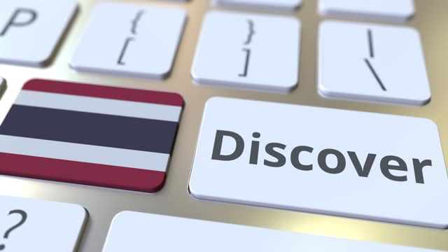 DISCOVER text and flag of Thailand on the buttons on the computer keyboard. Conceptual 3D animation