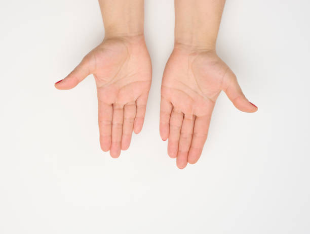 istock two female hands with red painted nails in a prayer pose on a white background, top view 1335984775
