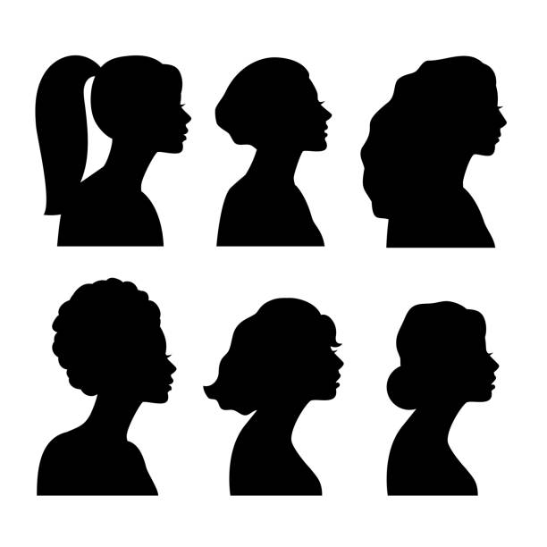 молодые девушки боковые силуэты. этнические черные белые девичьи головы, женщины-модели черные лица, красивые женские лица - черный волос stock illustrations