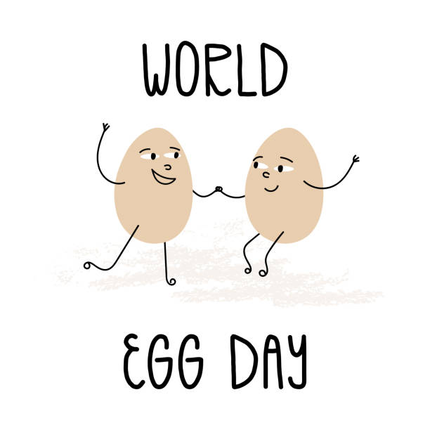 World egg day banner design with hand lettering. Couple of eggs dancing and holding hands, smiling each other. Cute characters in love vector isolated illustration. World egg day banner design with hand lettering. Couple of eggs dancing and holding hands, smiling each other. Cute characters in love vector isolated illustration. World Egg Day  stock illustrations