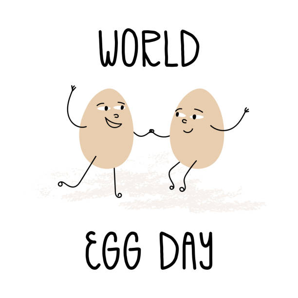 World egg day banner design with hand lettering. Couple of eggs dancing and holding hands, smiling each other. Cute characters in love vector isolated illustration. World egg day banner design with hand lettering. Couple of eggs dancing and holding hands, smiling each other. Cute characters in love vector isolated illustration. World Egg Day stock illustrations
