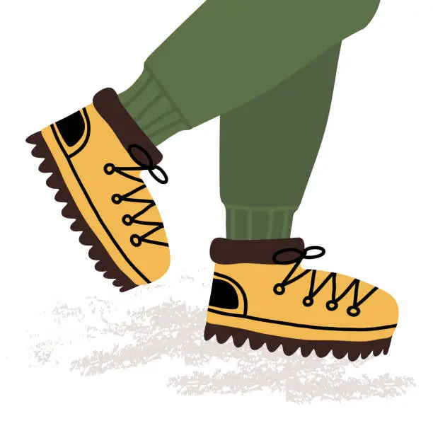 Vector illustration of A person's legs in the alpinist, hiking, tourist boots and sportive joggers. Active sport banner, outdoor pastime card design. Vector cartoon isolated illustration.