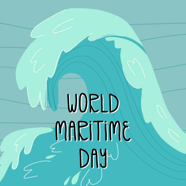 istock World maritime day card, banner design with hand lettering. Clear ocean or sea water background and a huge beautiful wave. Hand-drawn vector illustration. 1335994550