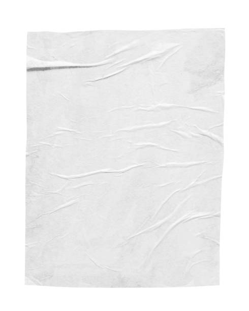 Blank white crumpled and creased paper poster texture isolated on white background Blank white crumpled and creased paper poster texture isolated on white background glue stock pictures, royalty-free photos & images