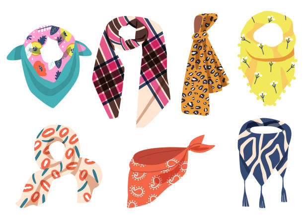 set aus bunten schals isoliert auf weißem hintergrund. verschiedene taschentücher, tücher, textilzubehör für kaltes wetter - neckscarf stock-grafiken, -clipart, -cartoons und -symbole