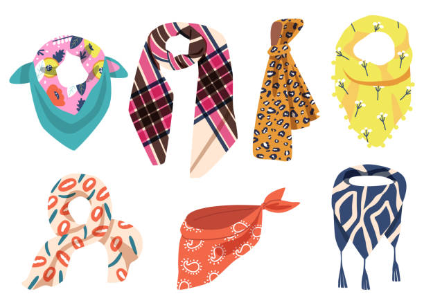 ilustraciones, imágenes clip art, dibujos animados e iconos de stock de conjunto de bufandas de colores aislados sobre fondo blanco. diferentes pañuelos, chales, accesorios textiles para el clima frío - scarf