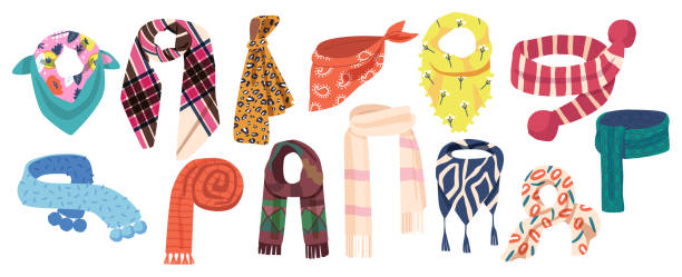 Set of Kerchiefs for Men and Women, Different Scarves Fashioned Clothing Isolated on White Background. Colorful Shawls Set of Kerchiefs for Men and Women, Different Scarves Fashioned Clothing Isolated on White Background. Colorful Shawls Accessories for Cold Weather, Fashion Design. Cartoon Vector Illustration scarf stock illustrations