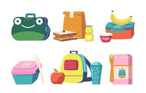 illustrazioni stock, clip art, cartoni animati e icone di tendenza di set di scatole per il pranzo a scuola, collezione lunchbox di design infantile con cibo, frutta o verdura in scatola nel contenitore per bambini - merenda