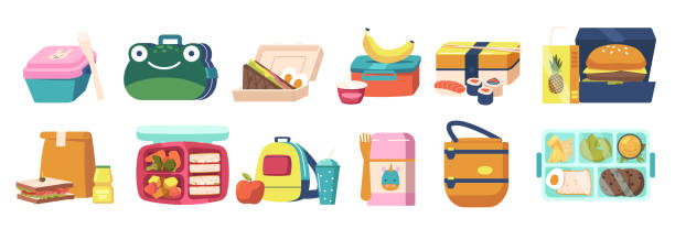 illustrazioni stock, clip art, cartoni animati e icone di tendenza di set di lunchbox, pranzo e collezione di scatole bento con cena, fast food e verdure sane in scatola in contenitori - merenda