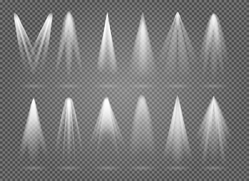 Spotlight stage rays. Vector interior spotlight beams on empty black background, theater stage space lamps glow, night concert show searchlights flare illumination