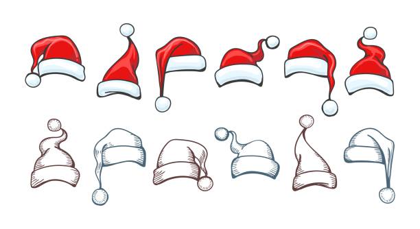 ilustraciones, imágenes clip art, dibujos animados e iconos de stock de dibujos del sombrero de santa - gorro de papá noel