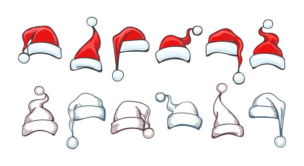 stockillustraties, clipart, cartoons en iconen met santa hat drawings - kerstmuts
